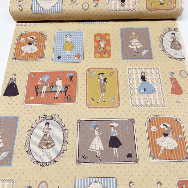 Couturiere Retro 50's Framed Fashion Ladies Cotton Fabric, Ecru