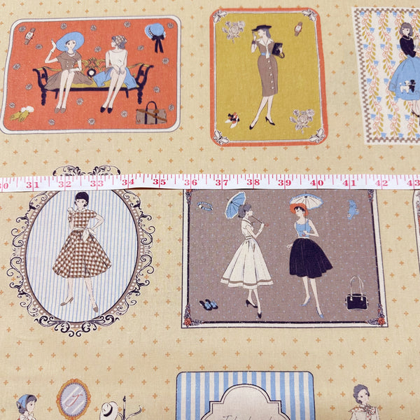 Couturiere Retro 50's Framed Fashion Ladies Cotton Fabric, Ecru