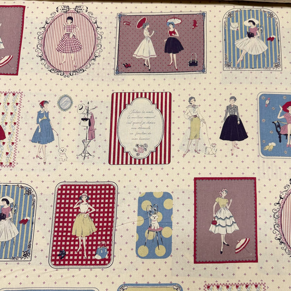 Couturiere Retro 50's Framed Fashion Ladies Cotton Fabric, Eggshell