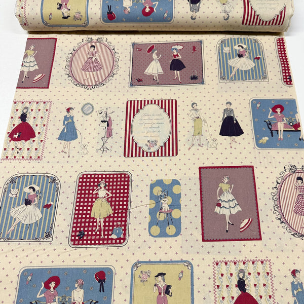 Couturiere Retro 50's Framed Fashion Ladies Cotton Fabric, Eggshell