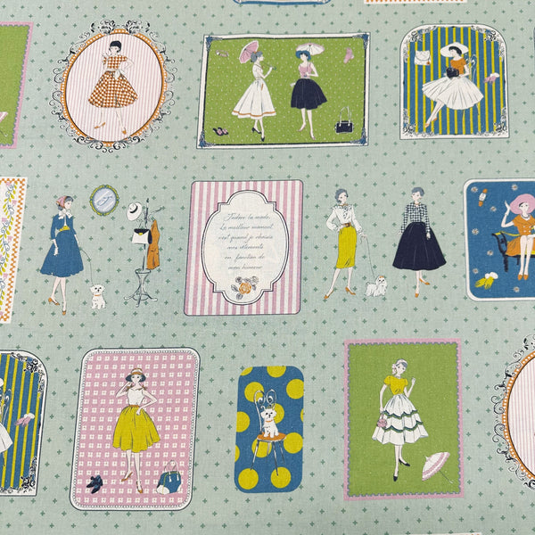 Couturiere Retro 50's Framed Fashion Ladies Cotton Fabric, Green