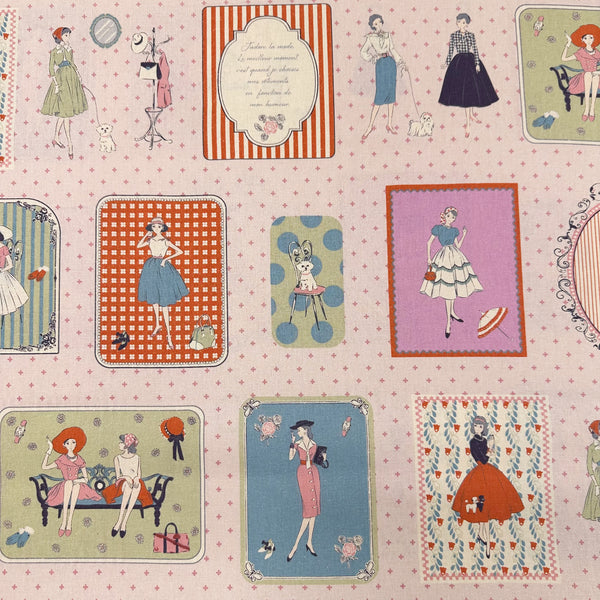 Couturiere Retro 50's Framed Fashion Ladies Cotton Fabric, Pink