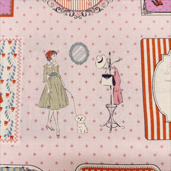 Couturiere Retro 50's Framed Fashion Ladies Cotton Fabric, Pink