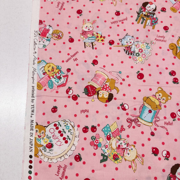 Cute Sewing Animals in Pink By Atsuko Matsuyama Cotton Fabric, Yuwa Fabrics