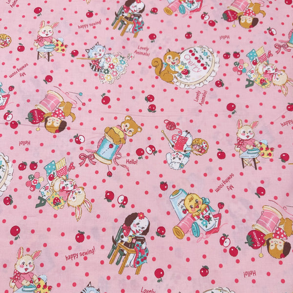 Cute Sewing Animals in Pink By Atsuko Matsuyama Cotton Fabric, Yuwa Fabrics