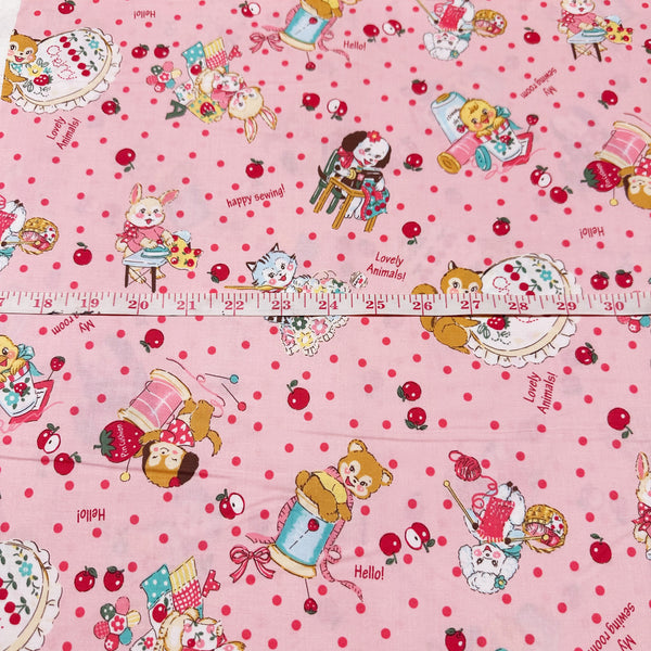 Cute Sewing Animals in Pink By Atsuko Matsuyama Cotton Fabric, Yuwa Fabrics