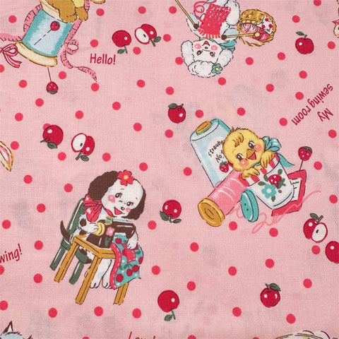 Cute Sewing Animals in Pink By Atsuko Matsuyama Cotton Fabric, Yuwa Fabrics