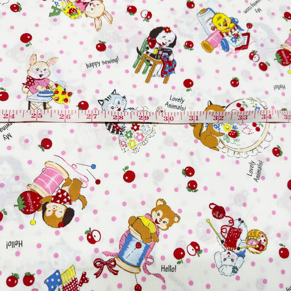 Cute Sewing Animals in White By Atsuko Matsuyama Cotton Fabric, Yuwa Fabrics 30's Collection