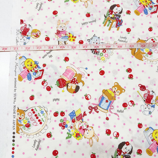 Cute Sewing Animals in White By Atsuko Matsuyama Cotton Fabric, Yuwa Fabrics 30's Collection