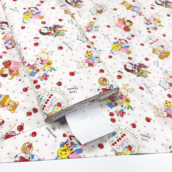 Cute Sewing Animals in White By Atsuko Matsuyama Cotton Fabric, Yuwa Fabrics 30's Collection