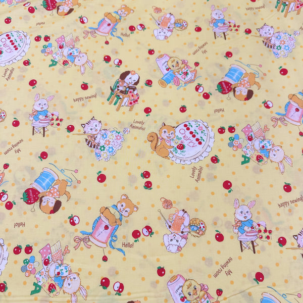 Cute Sewing Animals in Yellow By Atsuko Matsuyama Cotton Fabric, Yuwa Fabrics 30's Collection