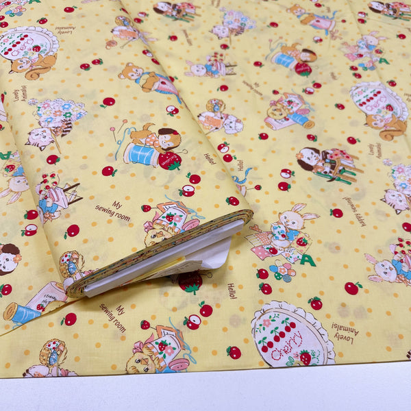 Cute Sewing Animals in Yellow By Atsuko Matsuyama Cotton Fabric, Yuwa Fabrics 30's Collection