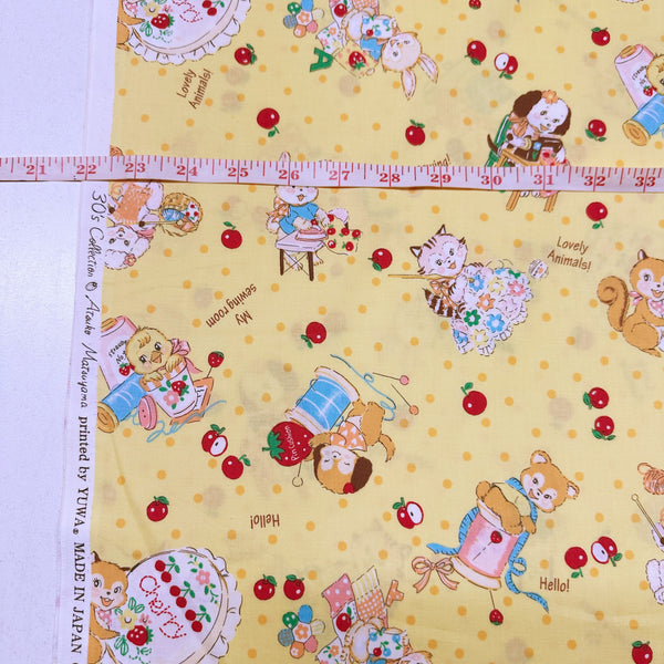 Cute Sewing Animals in Yellow By Atsuko Matsuyama Cotton Fabric, Yuwa Fabrics 30's Collection
