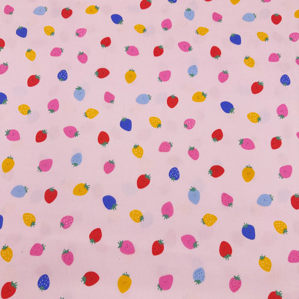 Cute Strawberries on Pink Cotton Oxford Fabric, Imported from Japan