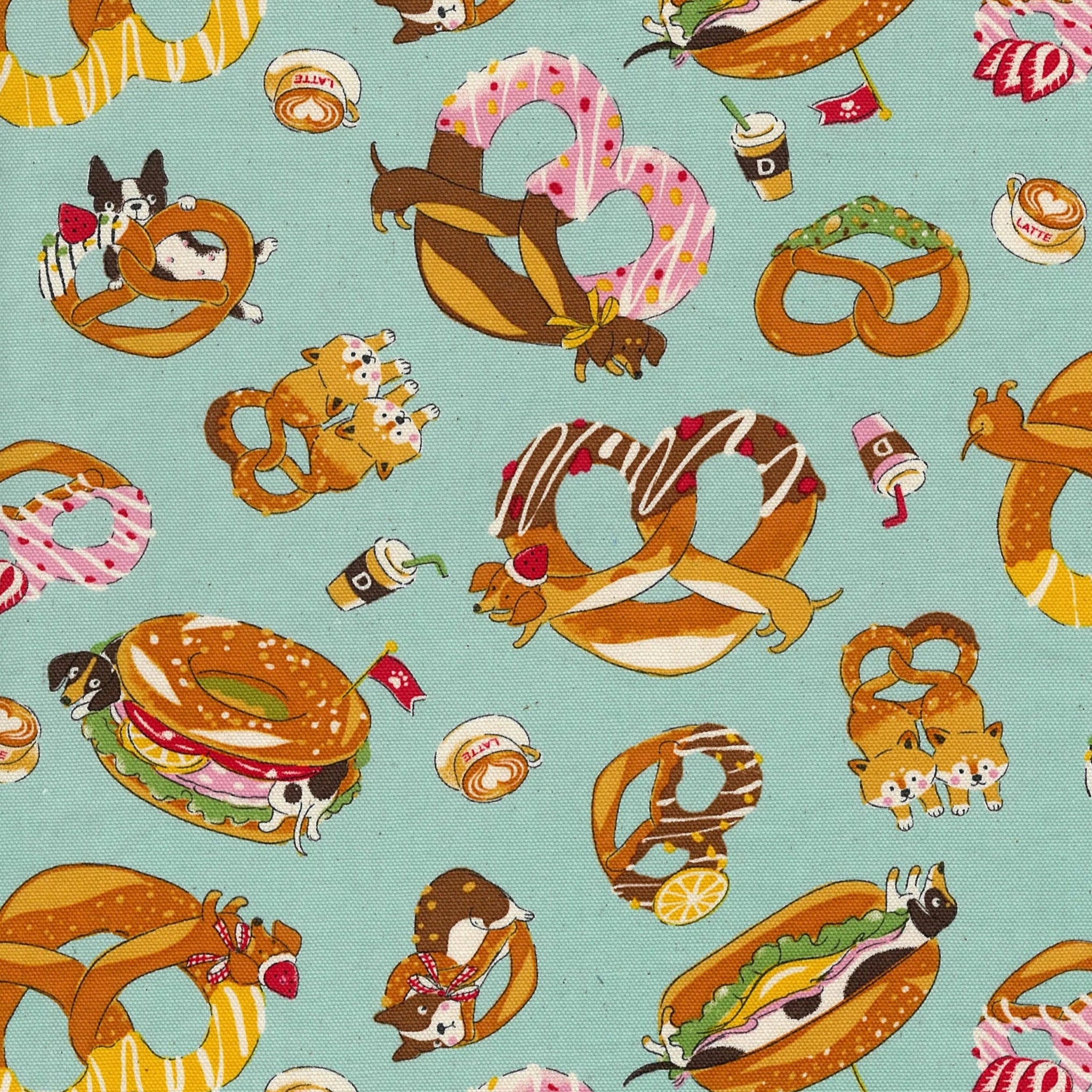 Delicious Animal Cafe Cotton Oxford Fabric by Kokka, YGA-81060-1 D Aqua