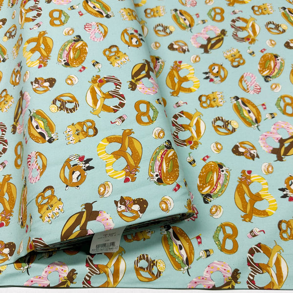 Delicious Animal Cafe Cotton Oxford Fabric by Kokka, YGA-81060-1 D Aqua