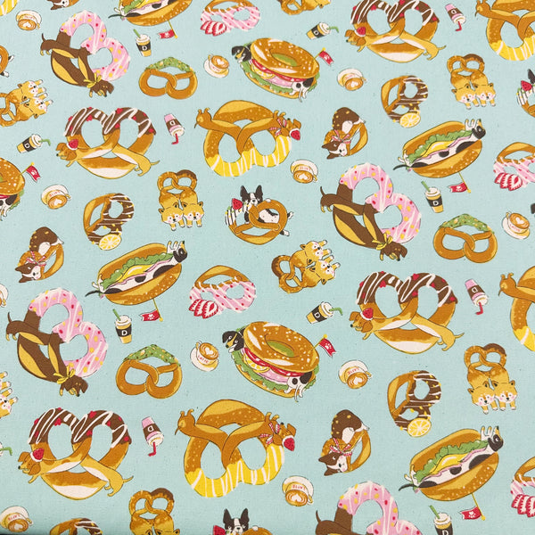 Delicious Animal Cafe Cotton Oxford Fabric by Kokka, YGA-81060-1 D Aqua