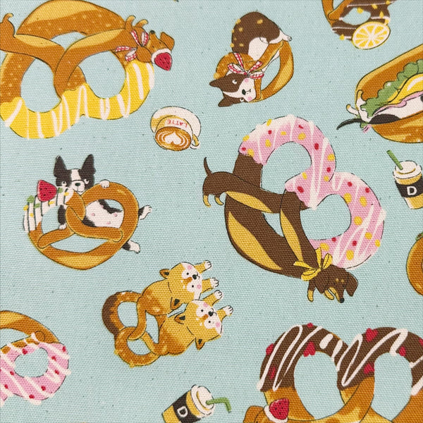 Delicious Animal Cafe Cotton Oxford Fabric by Kokka, YGA-81060-1 D Aqua