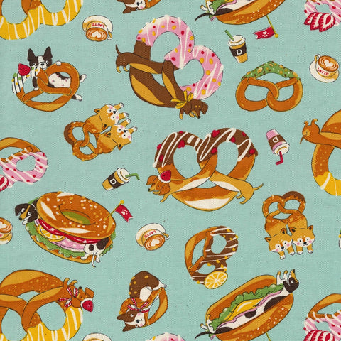 Delicious Animal Cafe Cotton Oxford Fabric by Kokka, YGA-81060-1 D Aqua