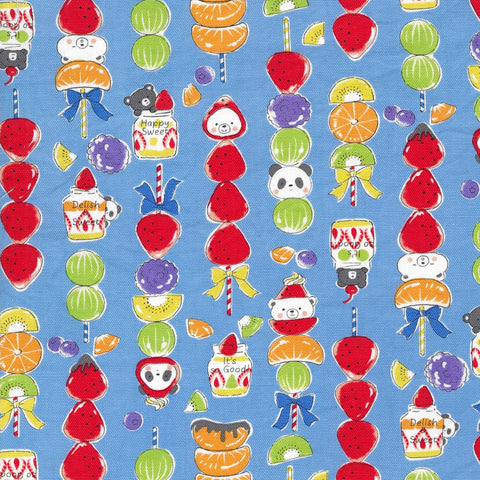 Delicious Animal Candied Fruit Cotton Oxford Fabric by Kokka, YGA-81060-2 D Blue