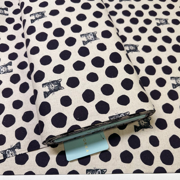 Echino Nekonoe Cat Cotton Linen Canvas Fabric by Kokka, Cats and Polka Dots EYX-91000-100A