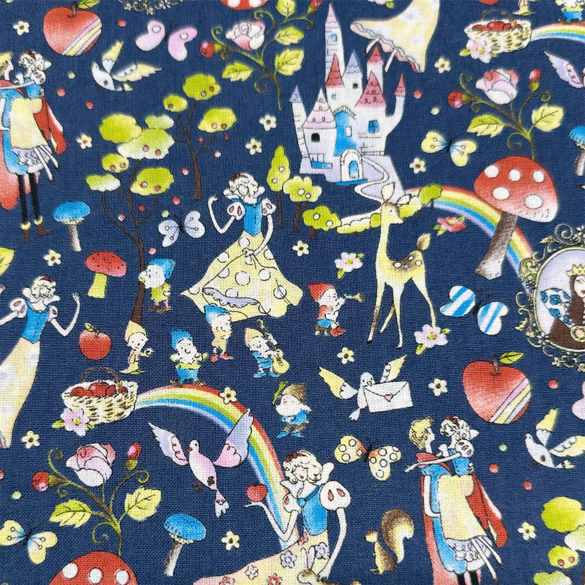 Fairy Tale Cotton Fabric by Little Story, Imported from Japan, Retro Snow White & Cute Animals on Navy
