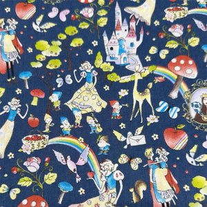 Fairy Tale Cotton Fabric by Little Story, Imported from Japan, Retro Snow White & Cute Animals on Navy