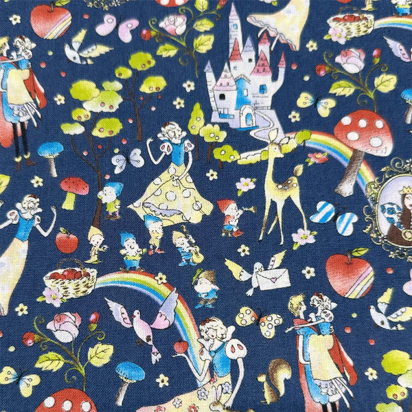 Fairy Tale Cotton Fabric by Little Story, Imported from Japan, Retro Snow White & Cute Animals on Navy