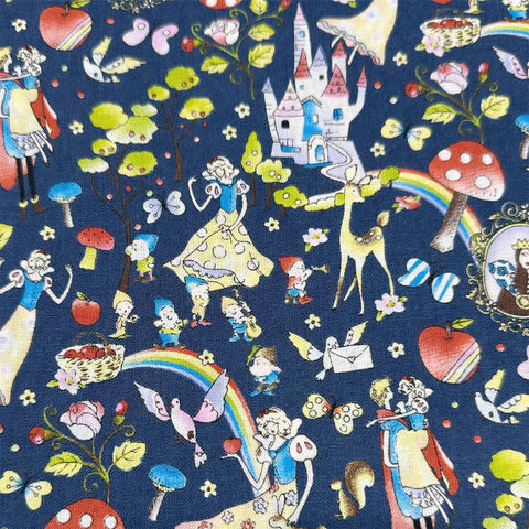 Fairy Tale Cotton Fabric by Little Story, Imported from Japan, Retro Snow White & Cute Animals on Navy