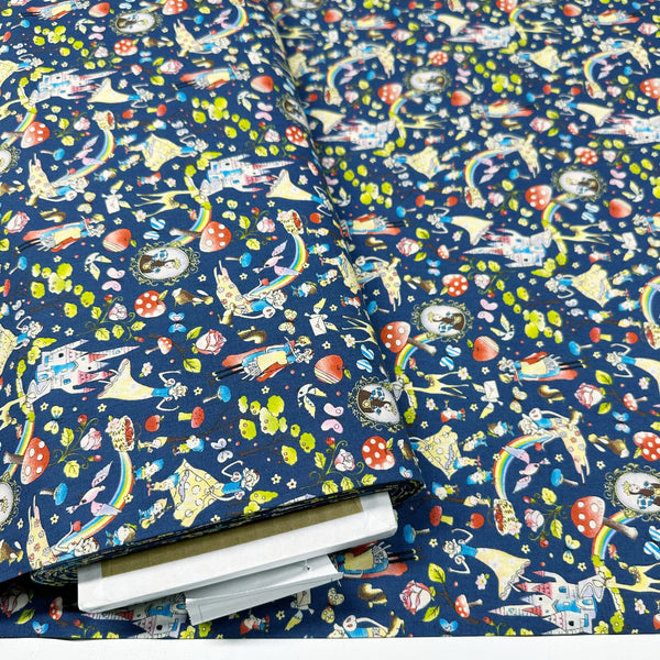 Fairy Tale Cotton Fabric by Little Story, Imported from Japan, Retro Snow White & Cute Animals on Navy