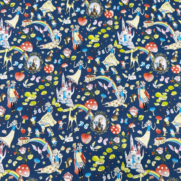 Fairy Tale Cotton Fabric by Little Story, Imported from Japan, Retro Snow White & Cute Animals on Navy