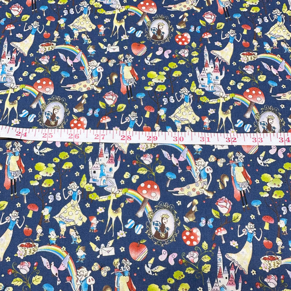 Fairy Tale Cotton Fabric by Little Story, Imported from Japan, Retro Snow White & Cute Animals on Navy