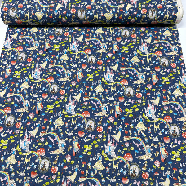 Fairy Tale Cotton Fabric by Little Story, Imported from Japan, Retro Snow White & Cute Animals on Navy