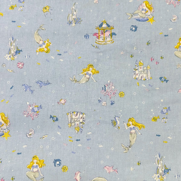 Fairy Tale Little Mermaid Cotton Fabric in Blue, Imported from Japan