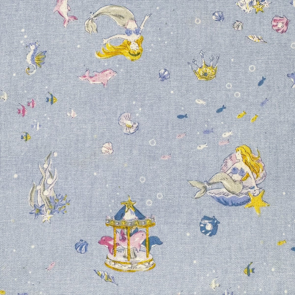 Fairy Tale Little Mermaid Cotton Fabric in Blue, Imported from Japan