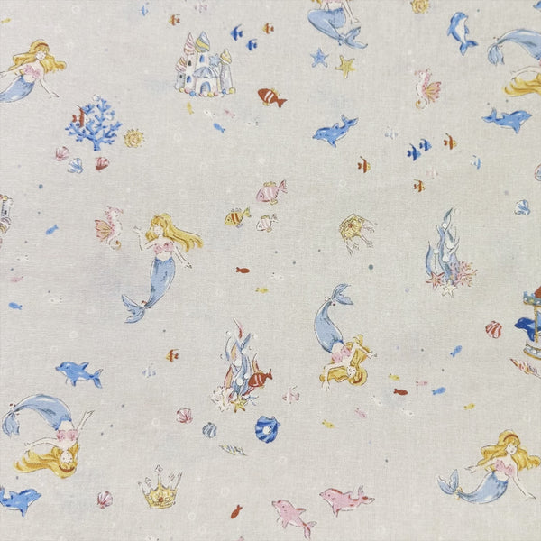Fairy Tale Little Mermaid Cotton Fabric in Pale Stone, Imported from Japan
