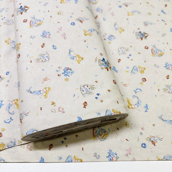 Fairy Tale Little Mermaid Cotton Fabric in Pale Stone, Imported from Japan