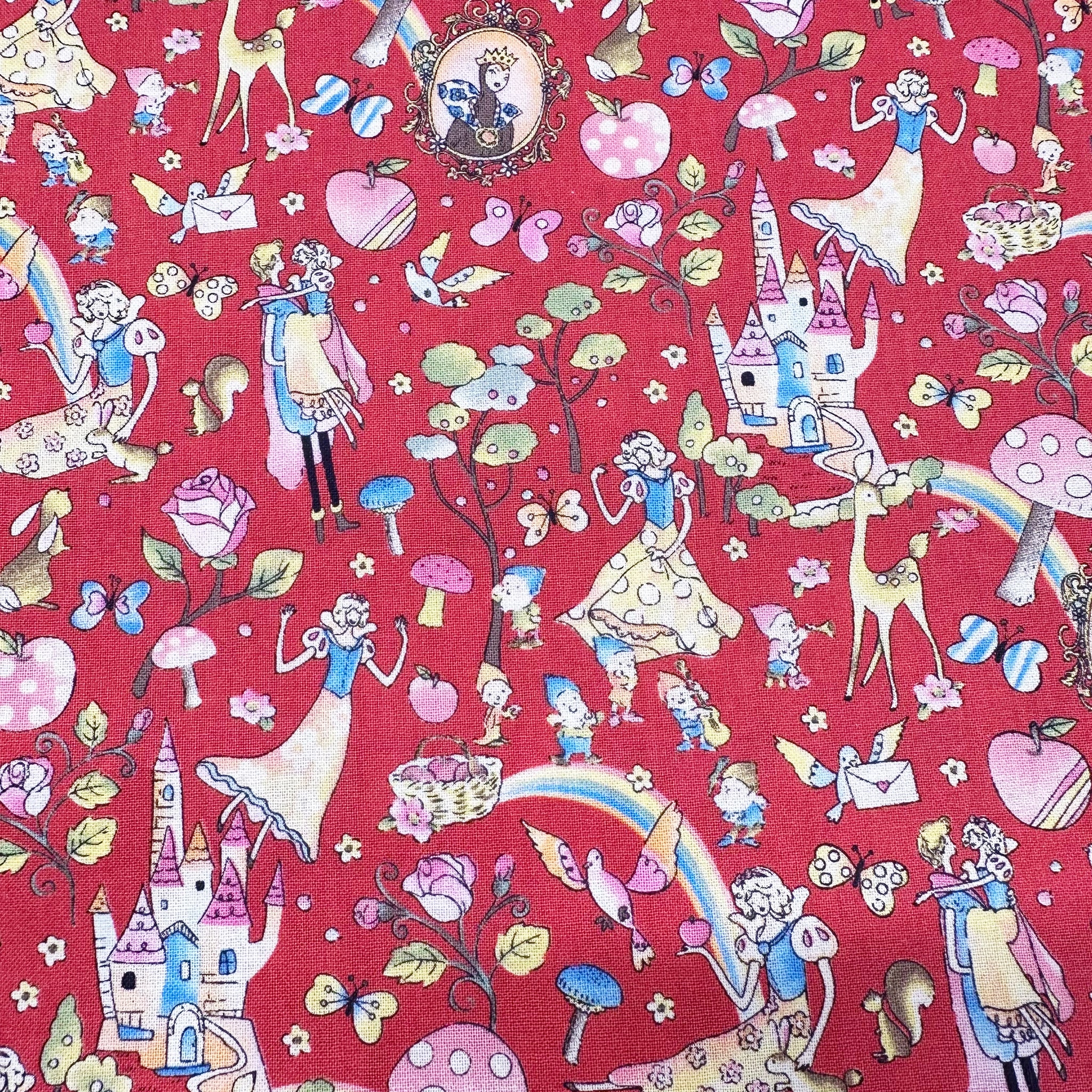 Fairy Tale by Little Story Cotton Fabric, Retro Snow White Print Imported from Japan, Red