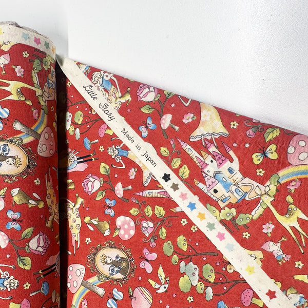 Fairy Tale by Little Story Cotton Fabric, Retro Snow White Print Imported from Japan, Red