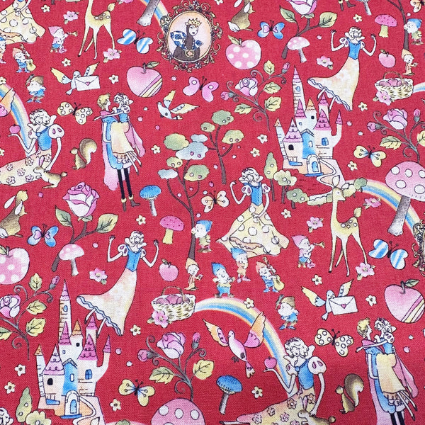Fairy Tale by Little Story Cotton Fabric, Retro Snow White Print Imported from Japan, Red