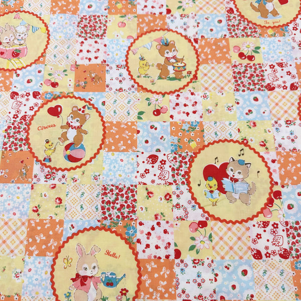 Fancy Animal Circle in Orange By Atsuko Matsuyama Cotton Fabric, Yuwa Fabrics 30's Collection