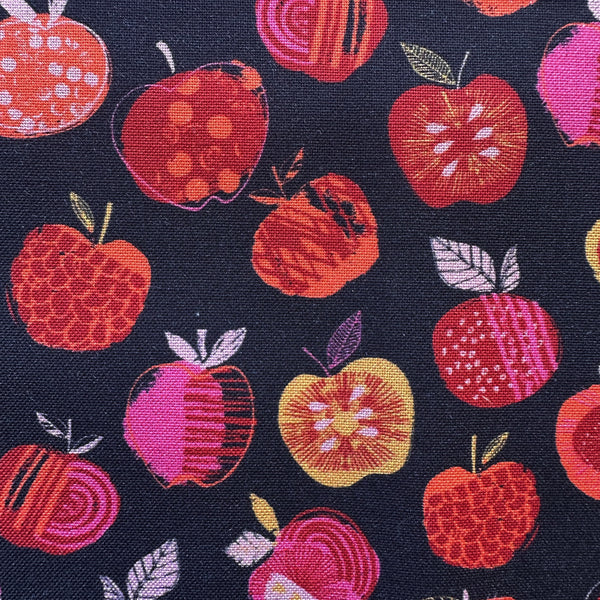 Close up of Fine Folk Apple Picking cotton fabric by Helen Black in [colors] on dark background, style FOLK1117