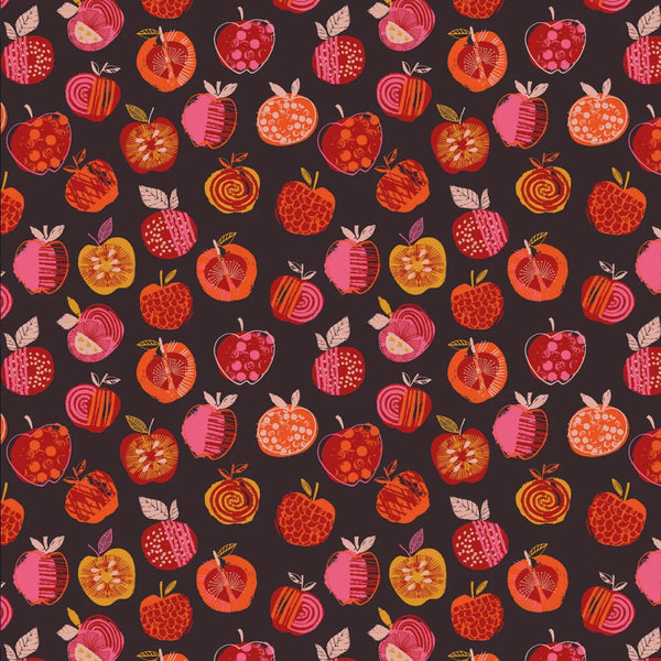 Stock photo of Fine Folk Apple Picking cotton fabric by Helen Black in [colors] on dark background, style FOLK1117
