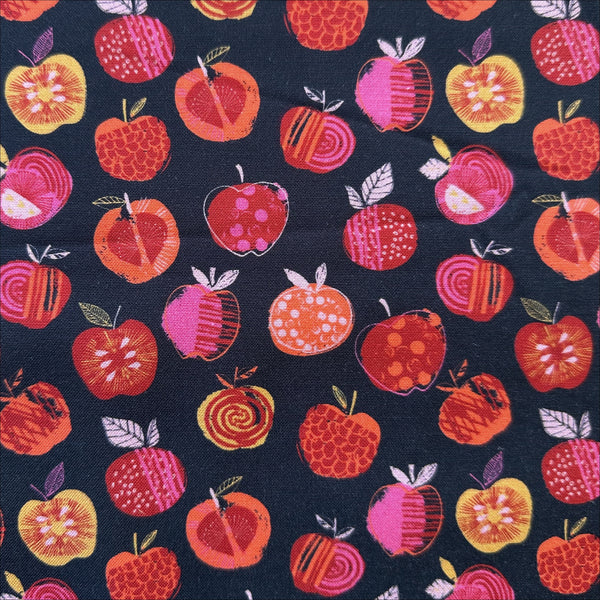 Fine Folk Apple Picking cotton fabric by Helen Black in [colors] on dark background, style FOLK1117