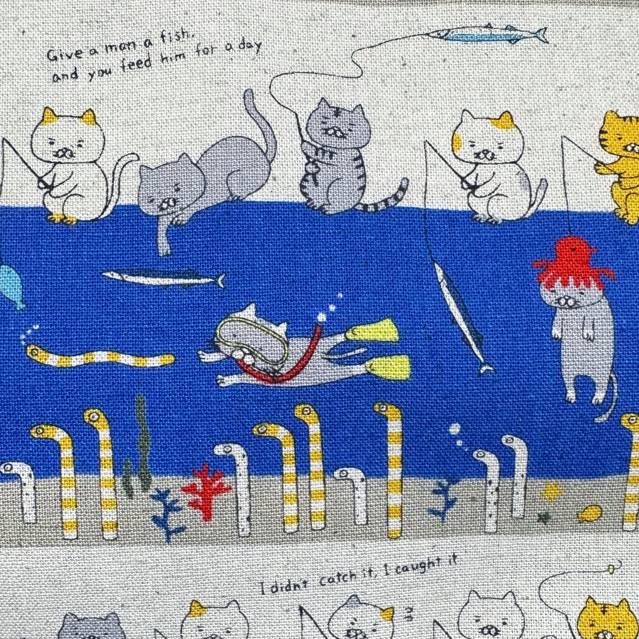 Fishing Cats Canvas Fabric in Blue - Cotton Linen Blend by Cotton Kobayashi