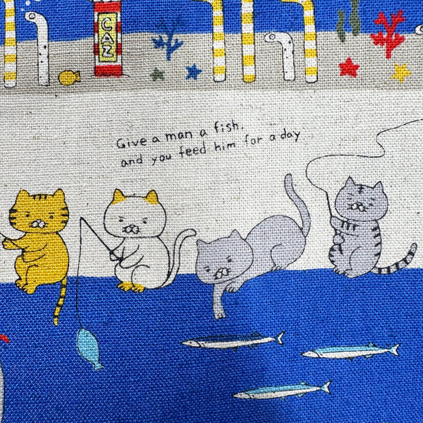 Fishing Cats Canvas Fabric in Blue - Cotton Linen Blend by Cotton Kobayashi