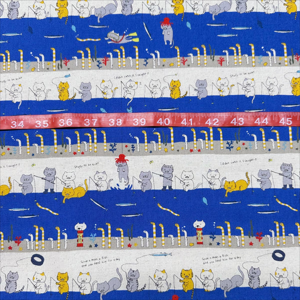 Fishing Cats Canvas Fabric in Blue - Cotton Linen Blend by Cotton Kobayashi