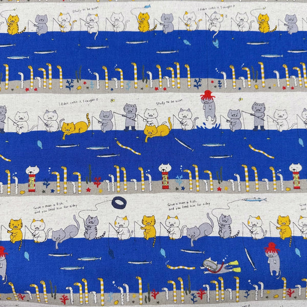 Fishing Cats Canvas Fabric in Blue - Cotton Linen Blend by Cotton Kobayashi