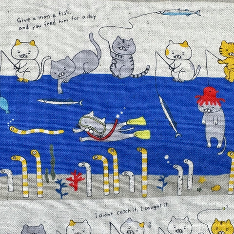 Fishing Cats Canvas Fabric in Blue - Cotton Linen Blend by Cotton Kobayashi