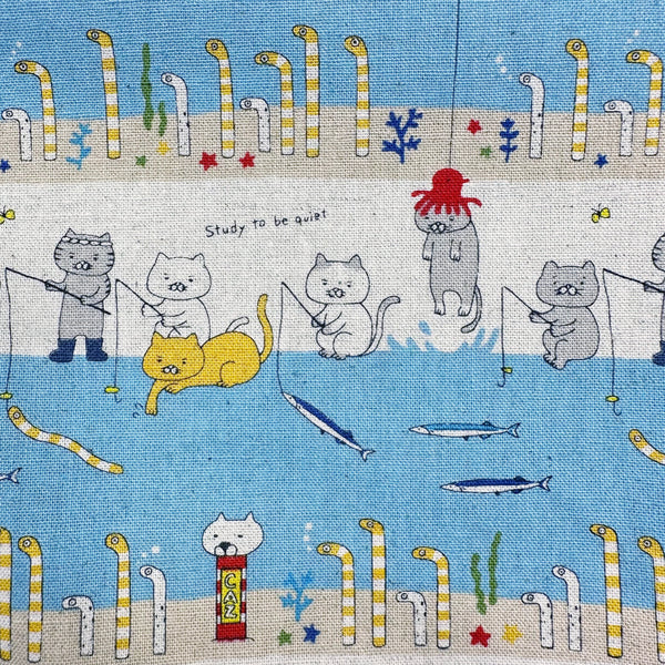 Fishing Cats Canvas Fabric in Light Blue - Cotton Linen Blend by Cotton Kobayashi